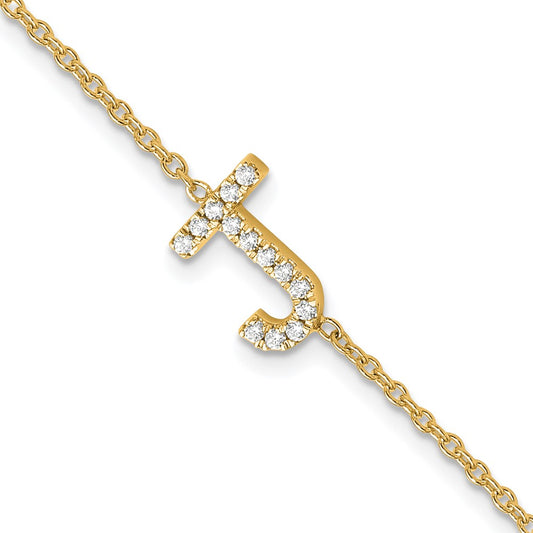 14k Yellow Gold Natural Diamond Sideways Letter J w/ 1in ext. Bracelet