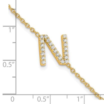 14k Yellow Gold Natural Diamond Sideways Letter N w/ 1in ext. Bracelet