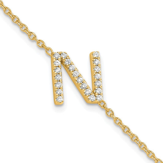 14k Yellow Gold Natural Diamond Sideways Letter N w/ 1in ext. Bracelet