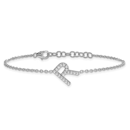 14KW Natural Diamond Sideways Letter R w/ 1in ext. Bracelet