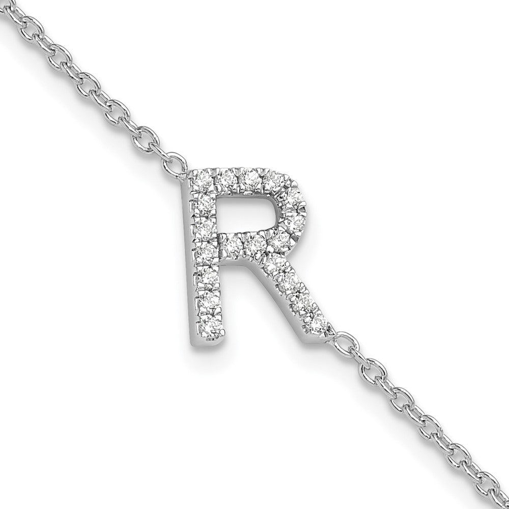 14KW Natural Diamond Sideways Letter R w/ 1in ext. Bracelet