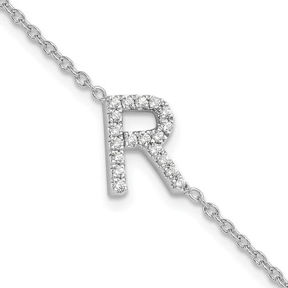 14KW Natural Diamond Sideways Letter R w/ 1in ext. Bracelet