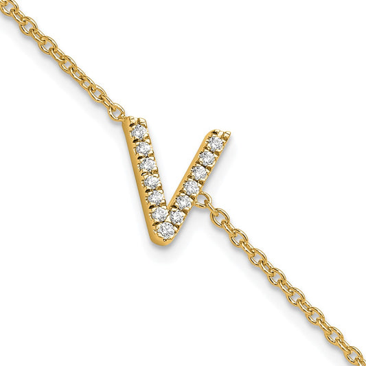 14k Yellow Gold Natural Diamond Sideways Letter V w/ 1in ext. Bracelet
