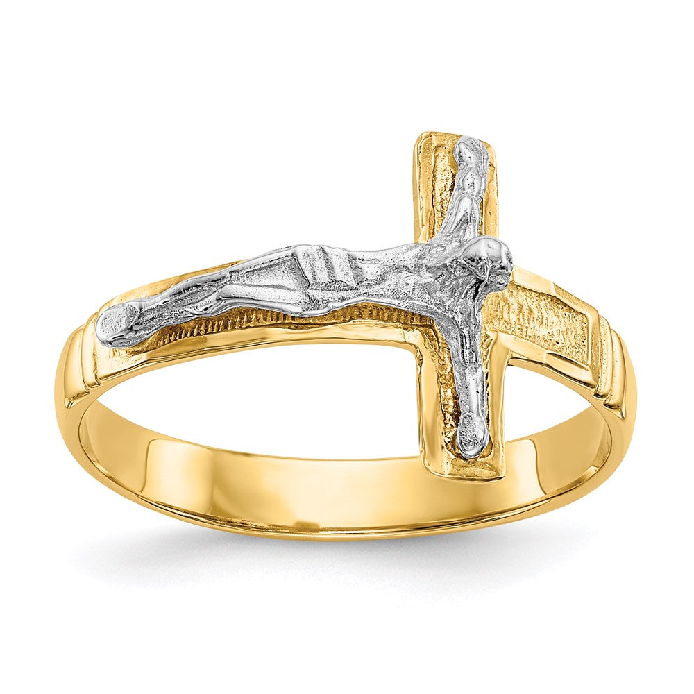 14K White Gold Polished Diamond-Cut Mens Crucifix Ring