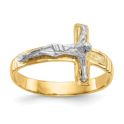 14K White Gold Polished Diamond-Cut Mens Crucifix Ring
