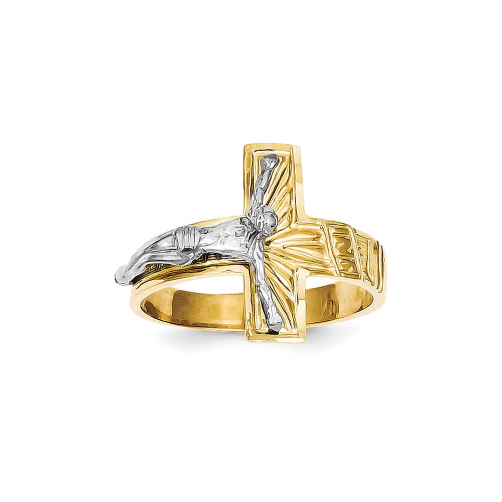 14k Two-Tone Gold Polished u0026 Diamond-Cut Mens Crucifix Ring