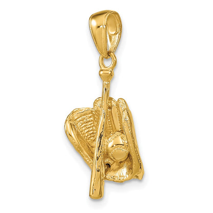 14k Yellow Gold Polished 3-D Glove/Bat/Baseball Pendant