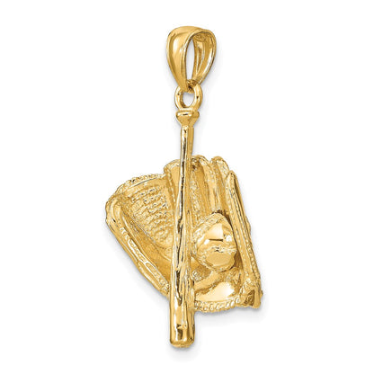 14k Yellow Gold Polished 3-D Glove/Bat/Baseball Pendant