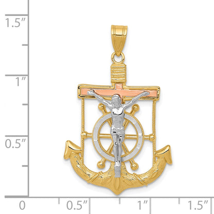 14k Tri-Color Gold Diamond-cut w/Textured Mariner's Cross Pendant