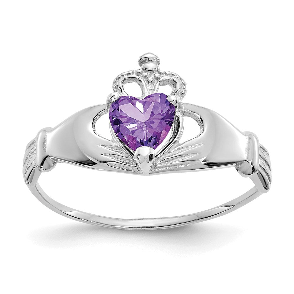 14K White Gold CZ February Birthstone Claddagh Heart Ring