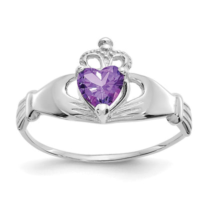 14K White Gold CZ February Birthstone Claddagh Heart Ring