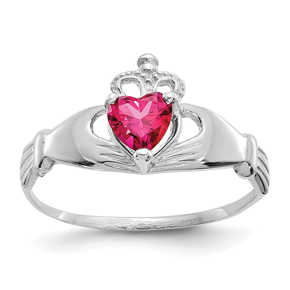 14K White Gold CZ July Birthstone Claddagh Heart Ring