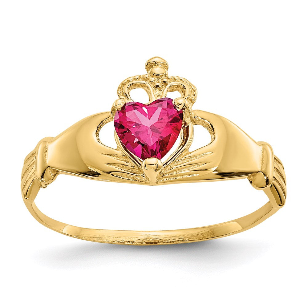 14K Yellow Gold CZ July Birthstone Claddagh Heart Ring
