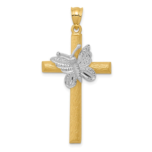 14k Two-tone Gold Cross w/Butterfly Pendant