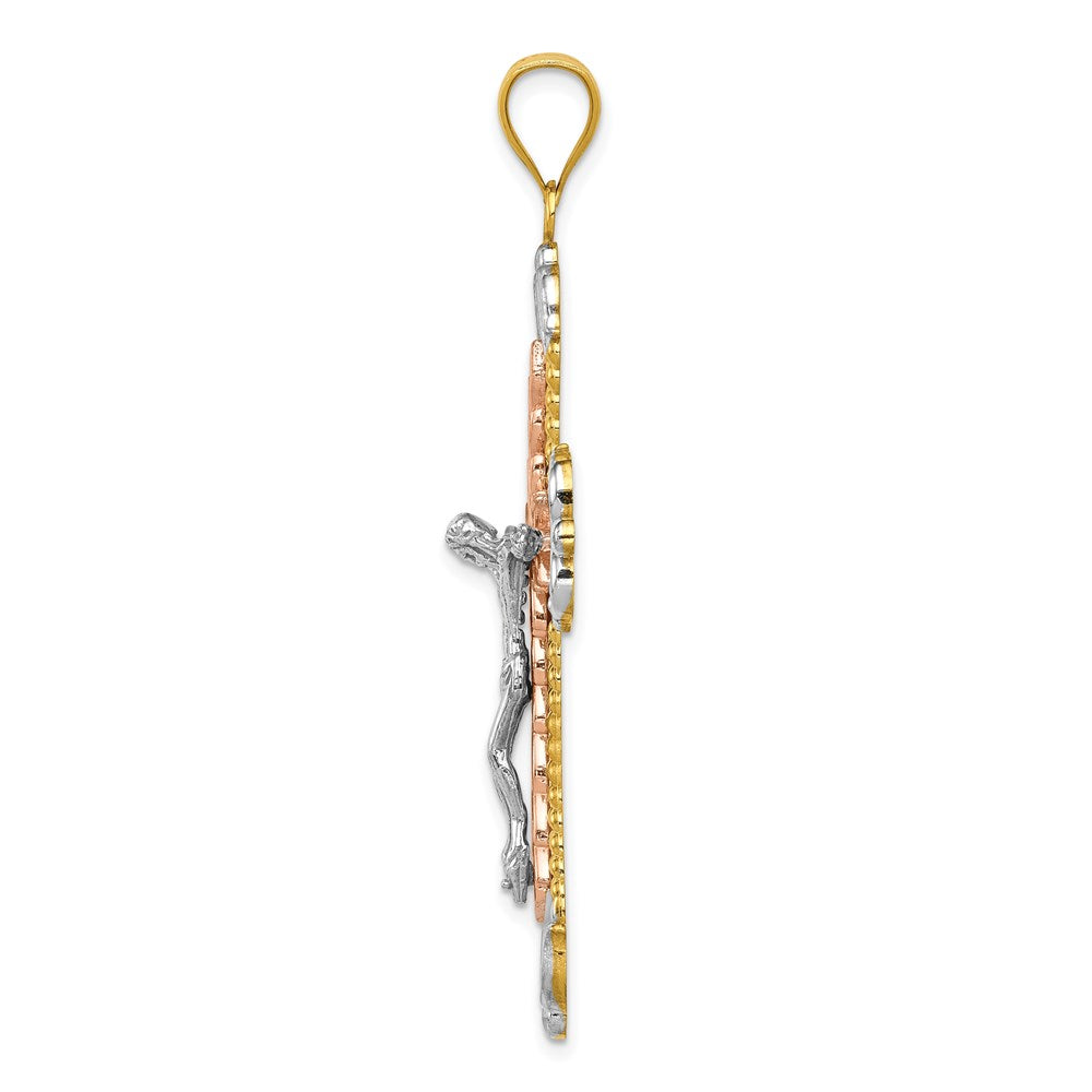 14k Tri-Color Gold W/ White Rhodium Crucifix Cross Pendant