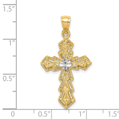 14k Yellow & Rhodium Gold and White Rhodium Polished and Diamond-cut Cross Pendant