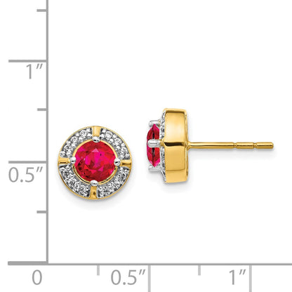 Solid 14k Yellow Gold Simulated CZ and Ruby Fancy Halo Earrings