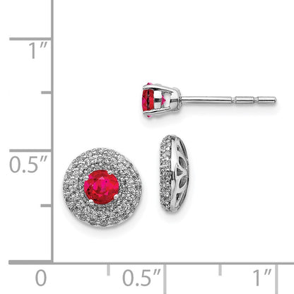 Solid 14k White Gold Simulated CZ and Ruby Stud w/JacKet Earrings