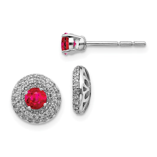 Solid 14k White Gold Simulated CZ and Ruby Stud w/JacKet Earrings