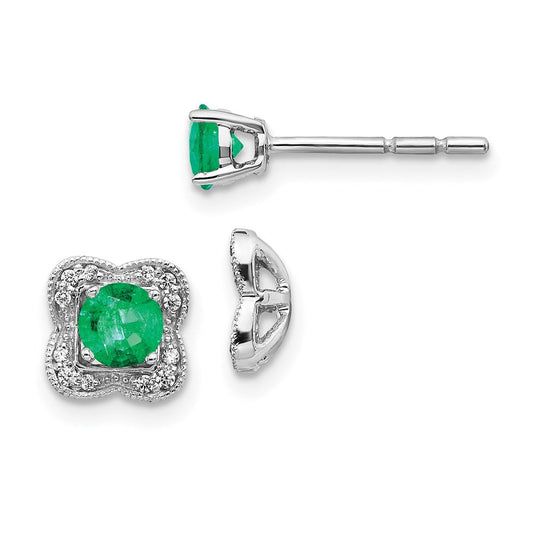 14k White Gold Real Diamond and Emerald Stud w/ Jacket Earrings
