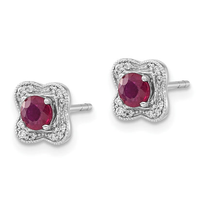 Solid 14k White Gold Simulated CZ and Ruby Stud w/ JacKet Earrings