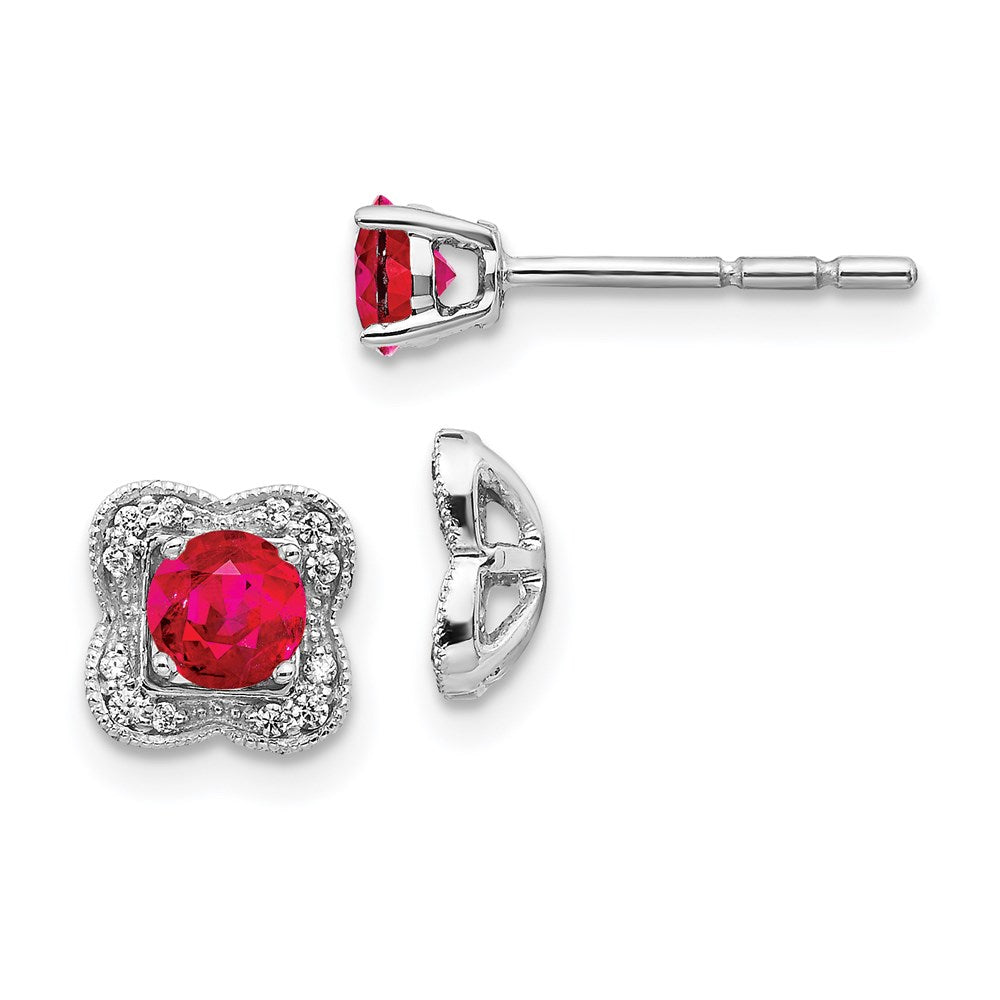 14k White Gold Real Diamond and Ruby Stud w/ Jacket Earrings