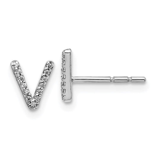 14k White Gold Real Diamond Initial V Earrings
