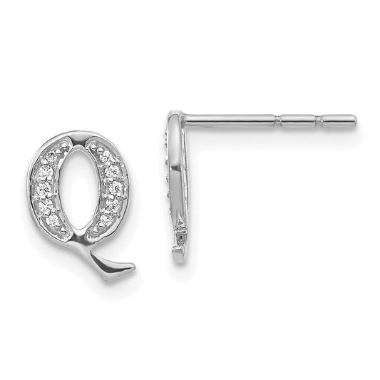 14k White Gold Real Diamond Initial Q Earrings