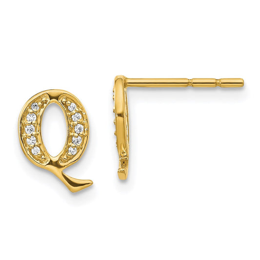 14k Yellow Gold Real Diamond Initial Q Earrings