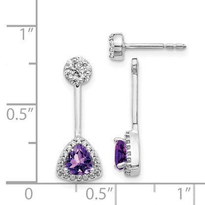 14k White Gold Real Diamond/Trillion Amethyst Front/Back Earrings