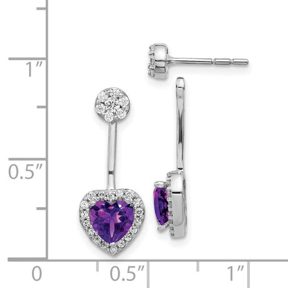 14k White Gold Real Diamond/Heart Amethyst Front/Back Earrings