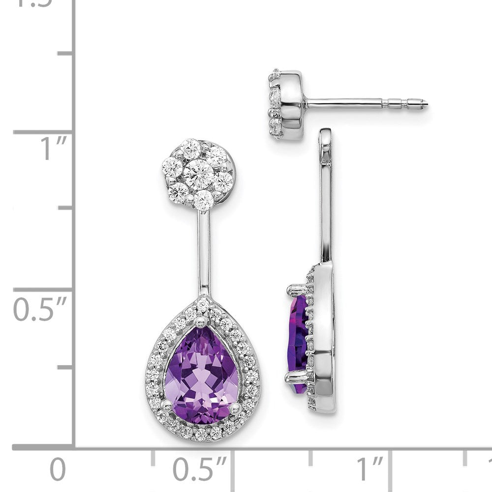 14k White Gold Real Diamond/Pear Amethyst Front/Back Earrings