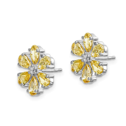 14k White Gold Real Diamond Citrine Flower Earrings