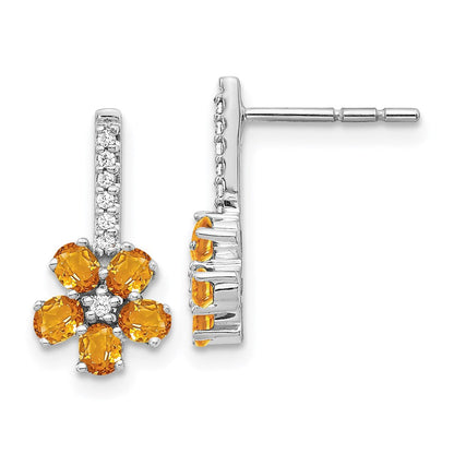 14k White Gold Real Diamond Citrine Flower Earrings