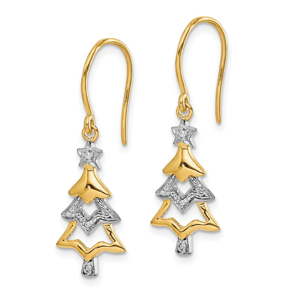 14k Yellow Gold and Rhodium Real Diamond Christmas Tree Dangle Earrings