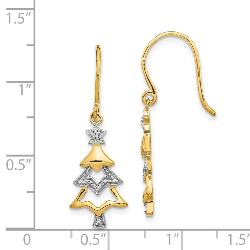 14k Yellow Gold and Rhodium Real Diamond Christmas Tree Dangle Earrings