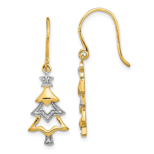 14k Yellow Gold and Rhodium Real Diamond Christmas Tree Dangle Earrings
