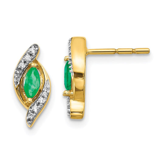 14k Yellow Gold 1/15Ct Real Diamond and Emerald Earrings