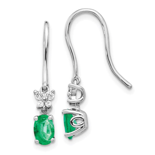 14k White Gold 1/8ct Real Diamond and Oval Emerald Dangle Earrings