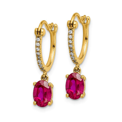 14k Yellow Gold 1/10ct Real Diamond and Ruby Dangle Hoop Earrings