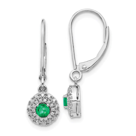 14k White Gold Real Diamond Halo Emerald Leverback Dangle Earrings