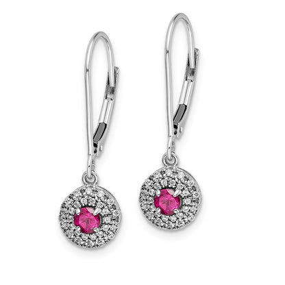 14k White Gold Real Diamond Halo Ruby Leverback Dangle Earrings