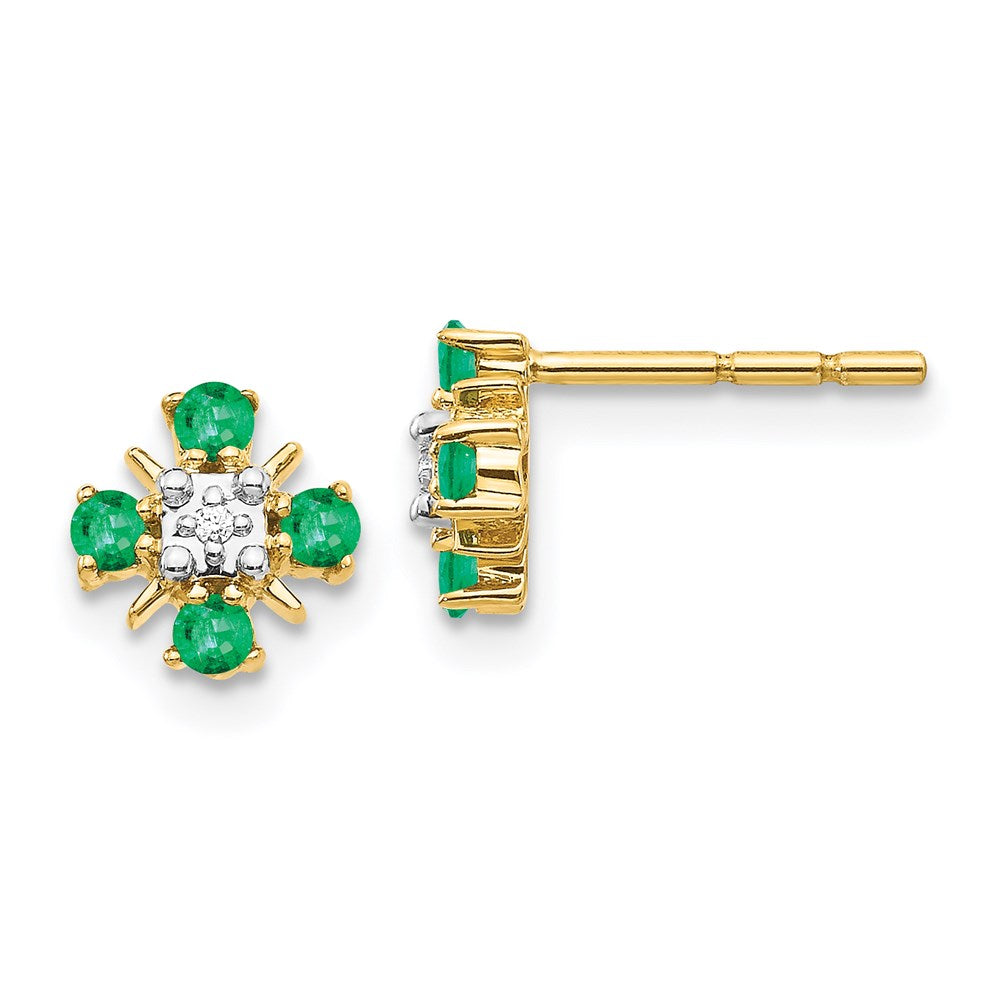 14k Yellow Gold Emerald and Real Diamond Post Earrings