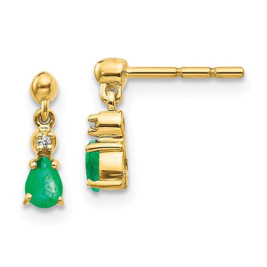 14k Yellow Gold Emerald and Real Diamond Dangle Earrings