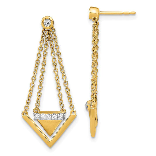 14k Yellow Gold Satin/Polished Real Diamond Triangle Chain Dangle Post Earrings