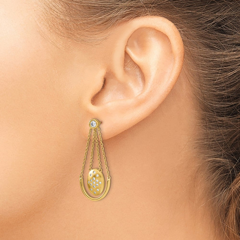 14k Yellow Gold Satin/Polished Real Diamond Oval w/Chain Dangle Post Earrings