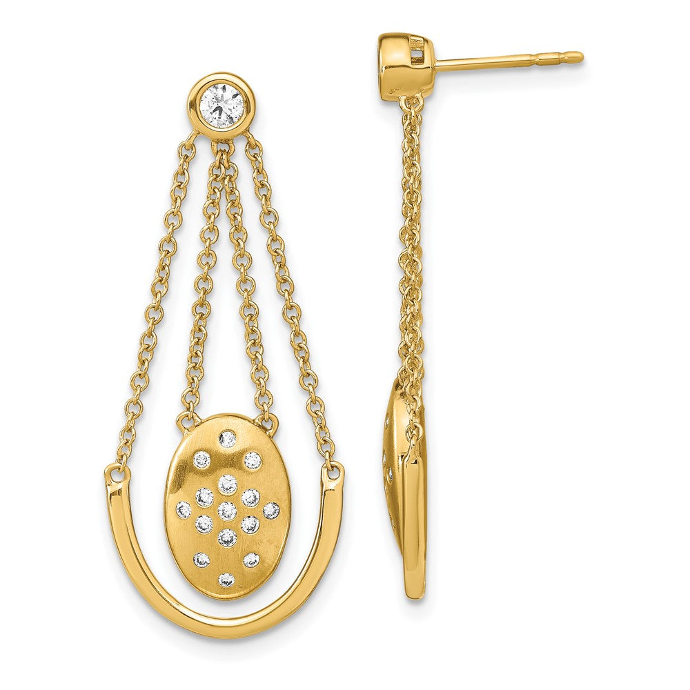 14k Yellow Gold Satin/Polished Real Diamond Oval w/Chain Dangle Post Earrings