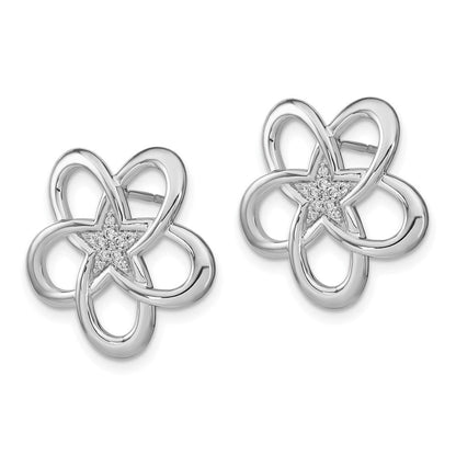 14k White Gold Polished Real Diamond Flower Post Earrings