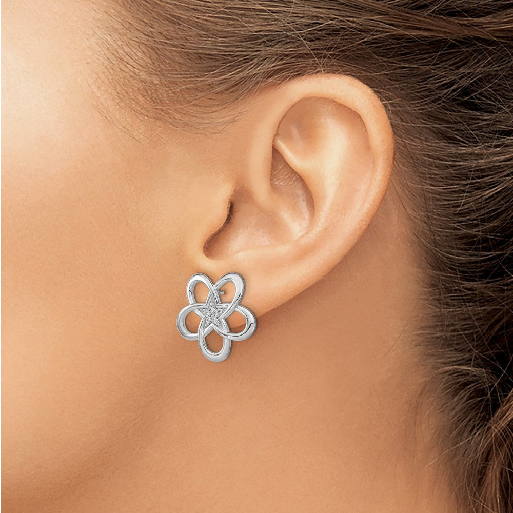 14k White Gold Polished Real Diamond Flower Post Earrings
