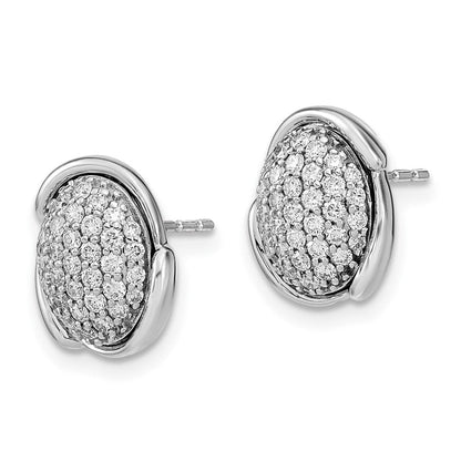 14k White Polished Oval Pave Real Diamond Post Earrings